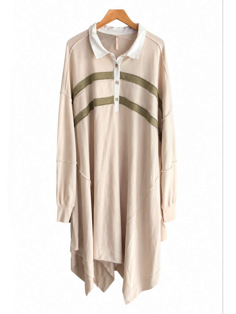 Free People Cream Midi Sweatshirt Dress with Olive Stripe - Picture 2 of 14